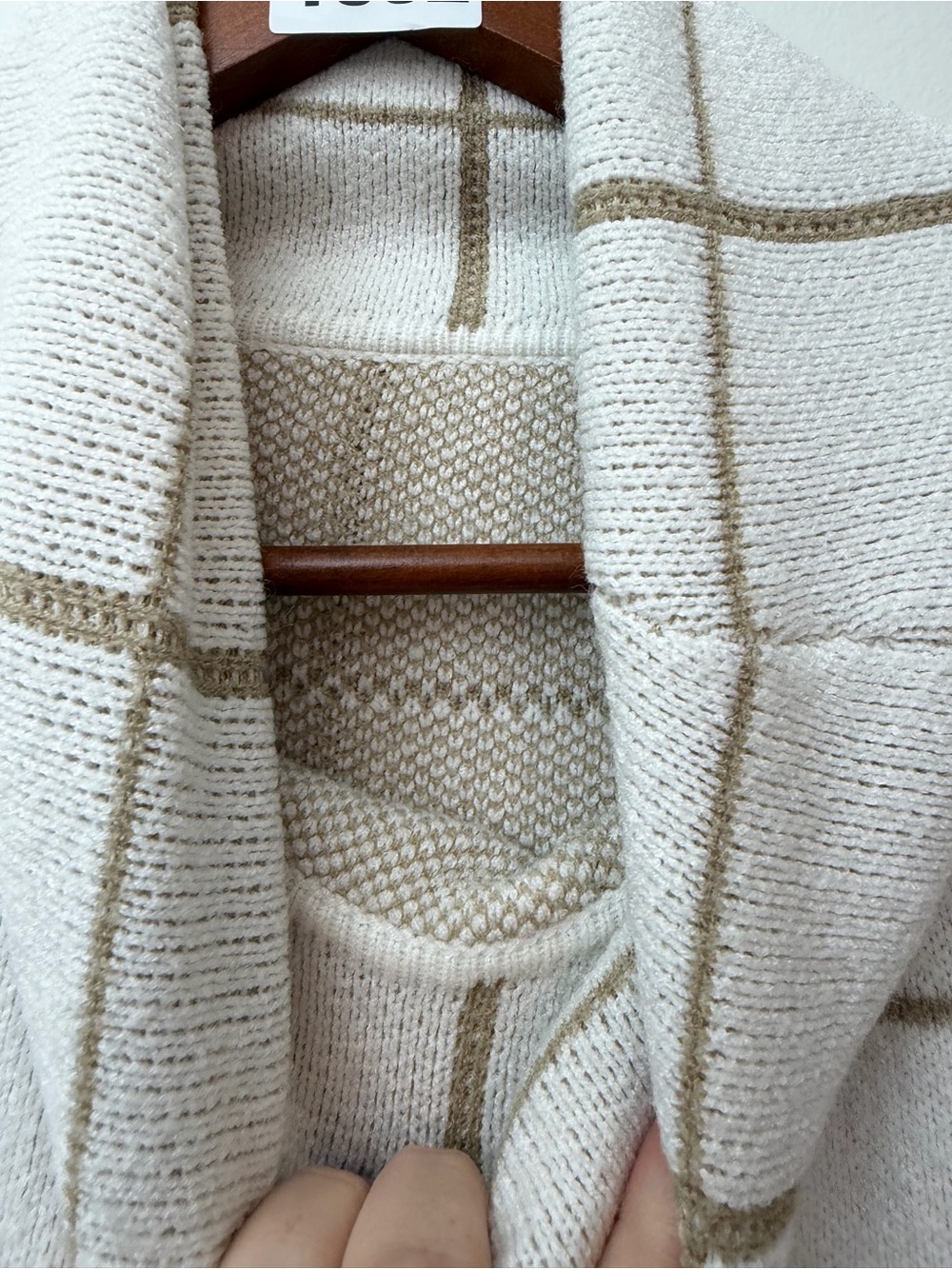 Oversized Cream Windowpane Cowl Neck Sweater L/XL Minimalist Preppy - Picture 5 of 6
